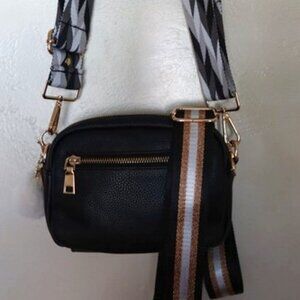POM POM LONDON Black Leather Mini Bag Crossbody Adjustable Straps
